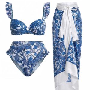 2PCS Dark Blue 1960s Dragonfly Print Bikini Set & Cover-Up