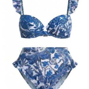 Alternative view of 2PCS Dark Blue 1960s Dragonfly Print Bikini Set & Cover-Up