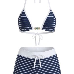 Blue 1940s Stripe Halter Nautical Bikini Set