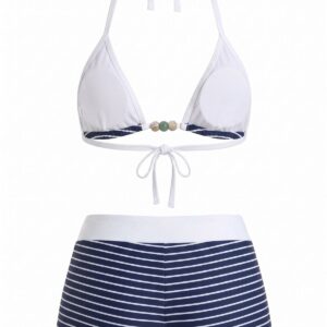 Alternative view of Blue 1940s Stripe Halter Nautical Bikini Set