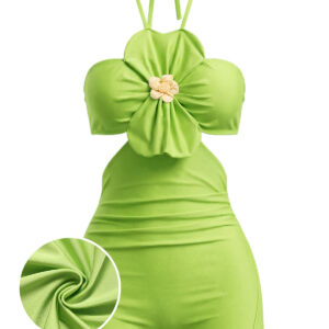 Green 1960s Floral Halter Backless One-Piece Swimsuit