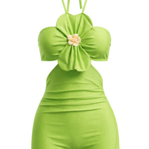 Alternative view of Green 1960s Floral Halter Backless One-Piece Swimsuit