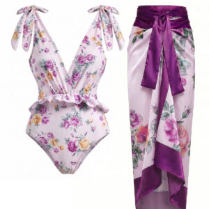 Lavender 1970s Floral Asymmetric Swimsuit & Cover-Up