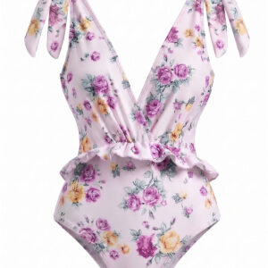 Alternative view of Lavender 1970s Floral Asymmetric Swimsuit & Cover-Up