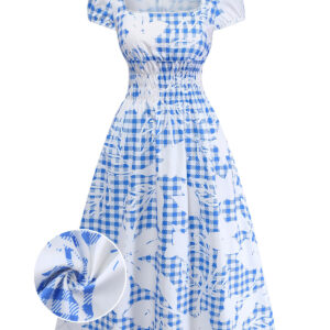 Blue 1940s Plaid Flower Square Neck Smocked Midi Dress