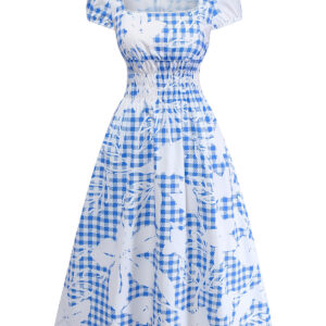 Alternative view of Blue 1940s Plaid Flower Square Neck Smocked Midi Dress