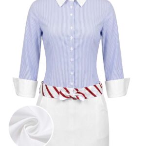 Blue 1960s Striped 3/4 Sleeve Faux Two-Piece Lapel Dress