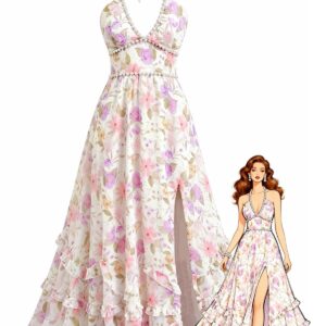 Multicolor 1930s Floral Halter Maxi Dress
