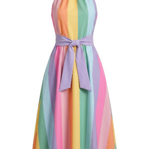 Multicolor 1950s Rainbow Striped Sleeveless Belted Midi Dress