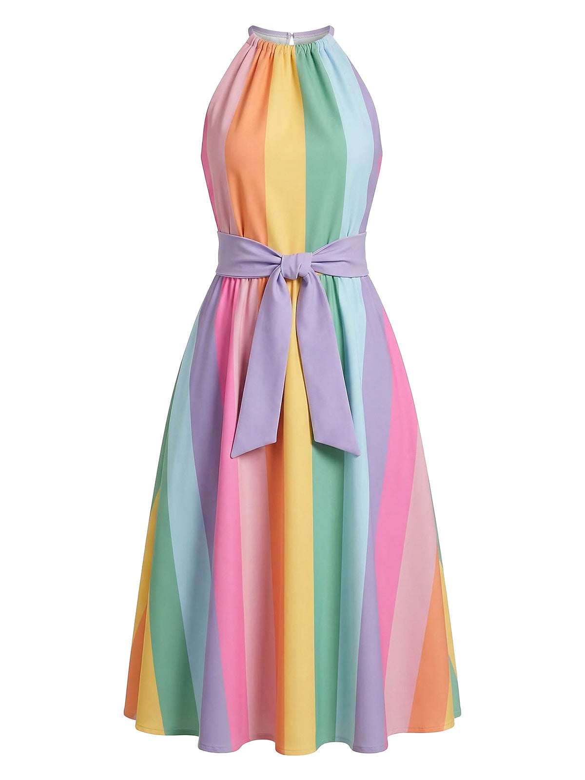 Multicolor 1950s Rainbow Striped Sleeveless Belted Midi Dress