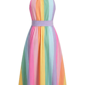 Alternative view of Multicolor 1950s Rainbow Striped Sleeveless Belted Midi Dress