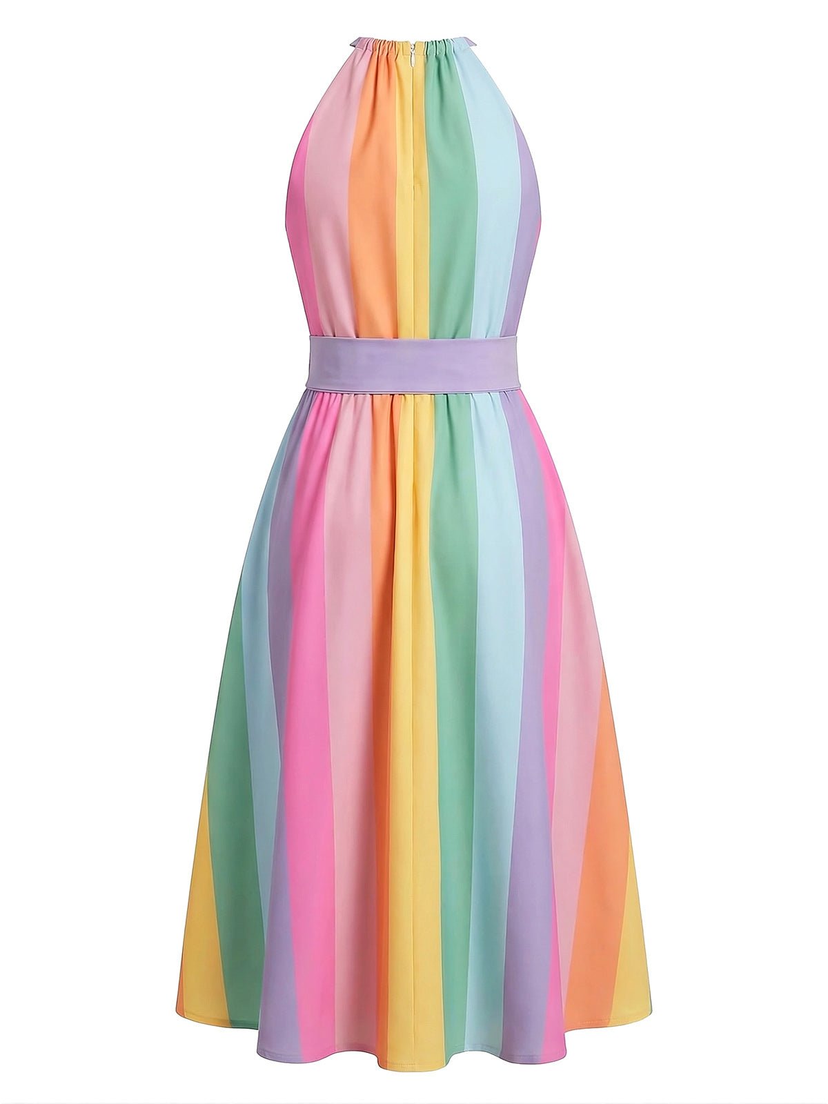 Multicolor 1950s Rainbow Striped Sleeveless Belted Midi Dress - Image 2