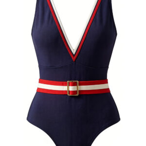 Navy Blue 1940s Colorblock Mock-Belt One-Piece Swimsuit