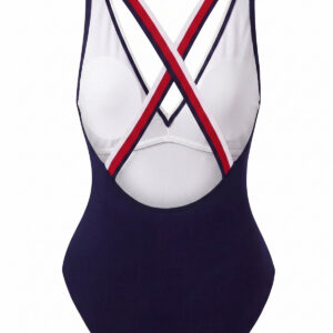 Alternative view of Navy Blue 1940s Colorblock Mock-Belt One-Piece Swimsuit