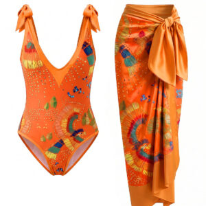 Orange 1950s Tribal Print Halter One-Piece Swimsuit & Cover-Up