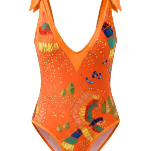 Alternative view of Orange 1950s Tribal Print Halter One-Piece Swimsuit & Cover-Up
