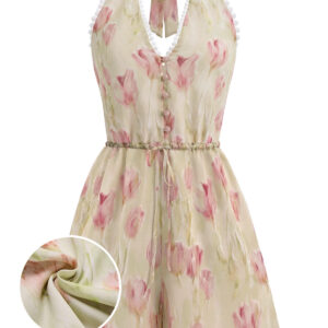 Pink 1940s Tulip-Beaded Drawstring Romper