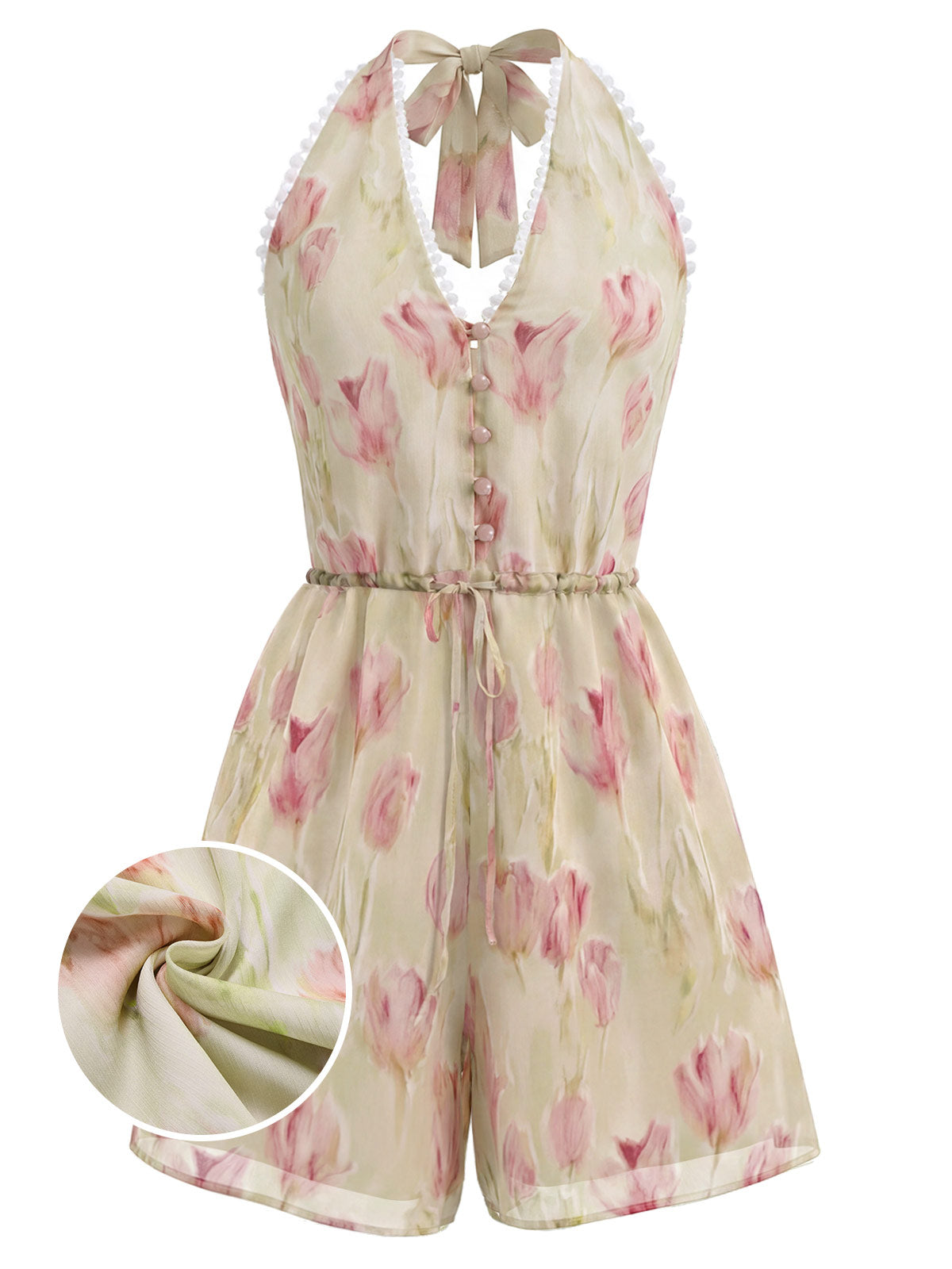 Pink 1940s Tulip-Beaded Drawstring Romper