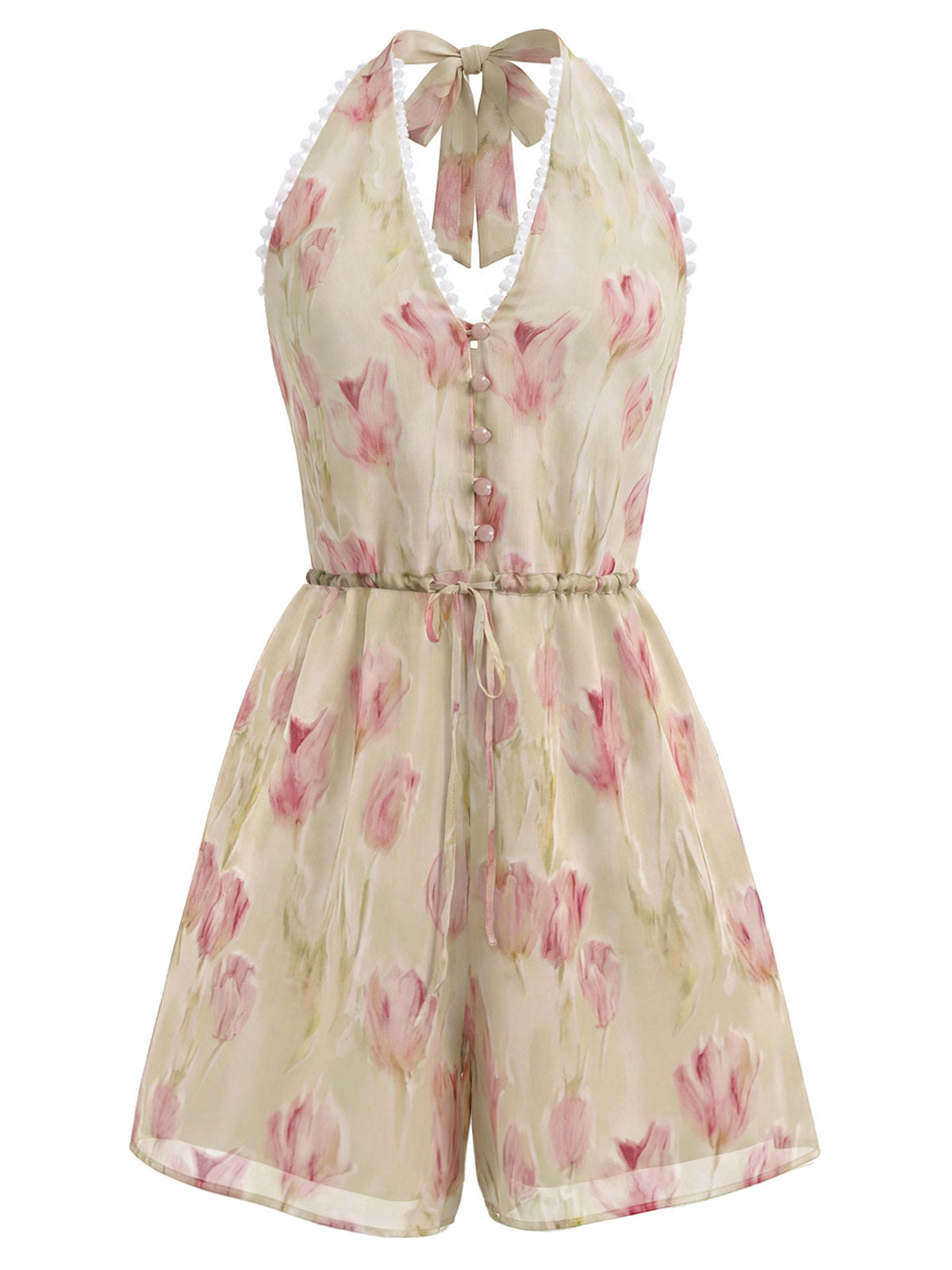 Pink 1940s Tulip-Beaded Drawstring Romper - Image 2