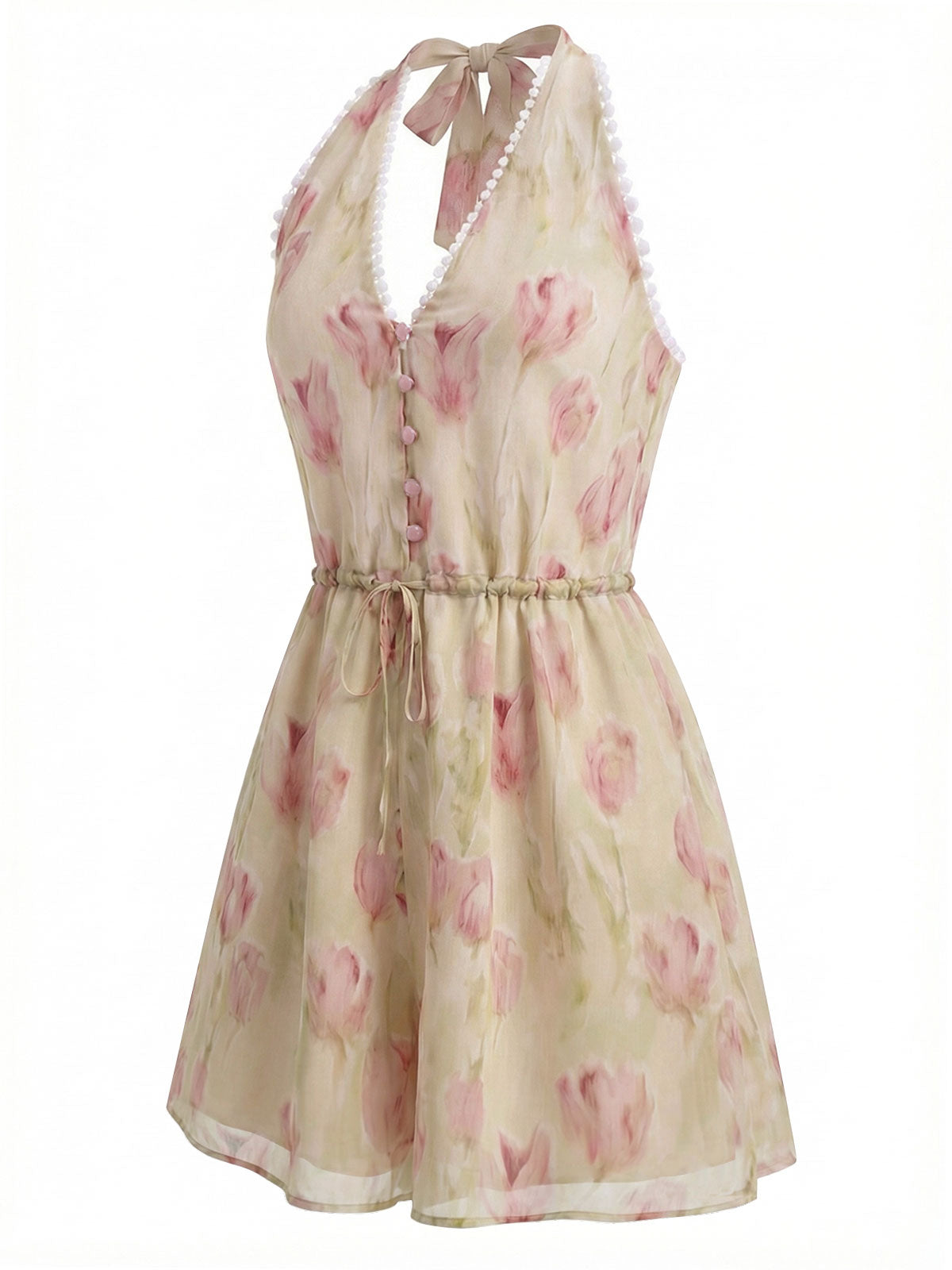 Pink 1940s Tulip-Beaded Drawstring Romper - Image 3