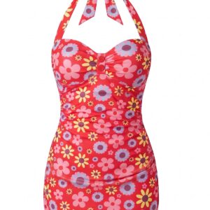 Alternative view of Pink 1960s Floral Print Halter One-Piece Swimsuit