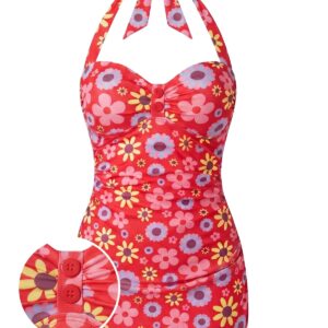 Pink 1960s Floral Print Halter One-Piece Swimsuit