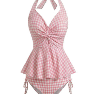 Pink 1950s Gingham Halter Ruffled Tankini Set