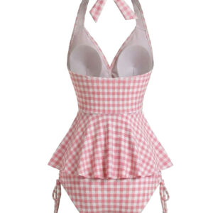 Alternative view of Pink 1950s Gingham Halter Ruffled Tankini Set
