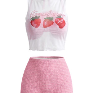 Pink 1950s Halter Smocked Bikini Set & Strawberry Cover Top