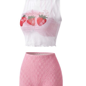 Alternative view of Pink 1950s Halter Smocked Bikini Set & Strawberry Cover Top