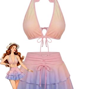 Pink 1950s Pastel Ombre Halter Ruffle Skirted Bikini Set