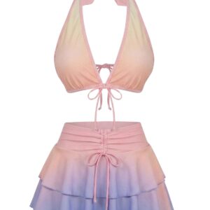 Alternative view of Pink 1950s Pastel Ombre Halter Ruffle Skirted Bikini Set