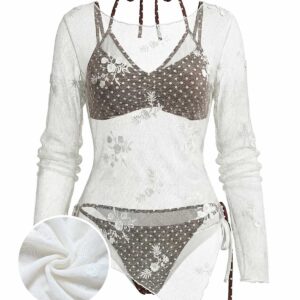 White 1950s 3D Floral Embroidery Mesh Cover-up