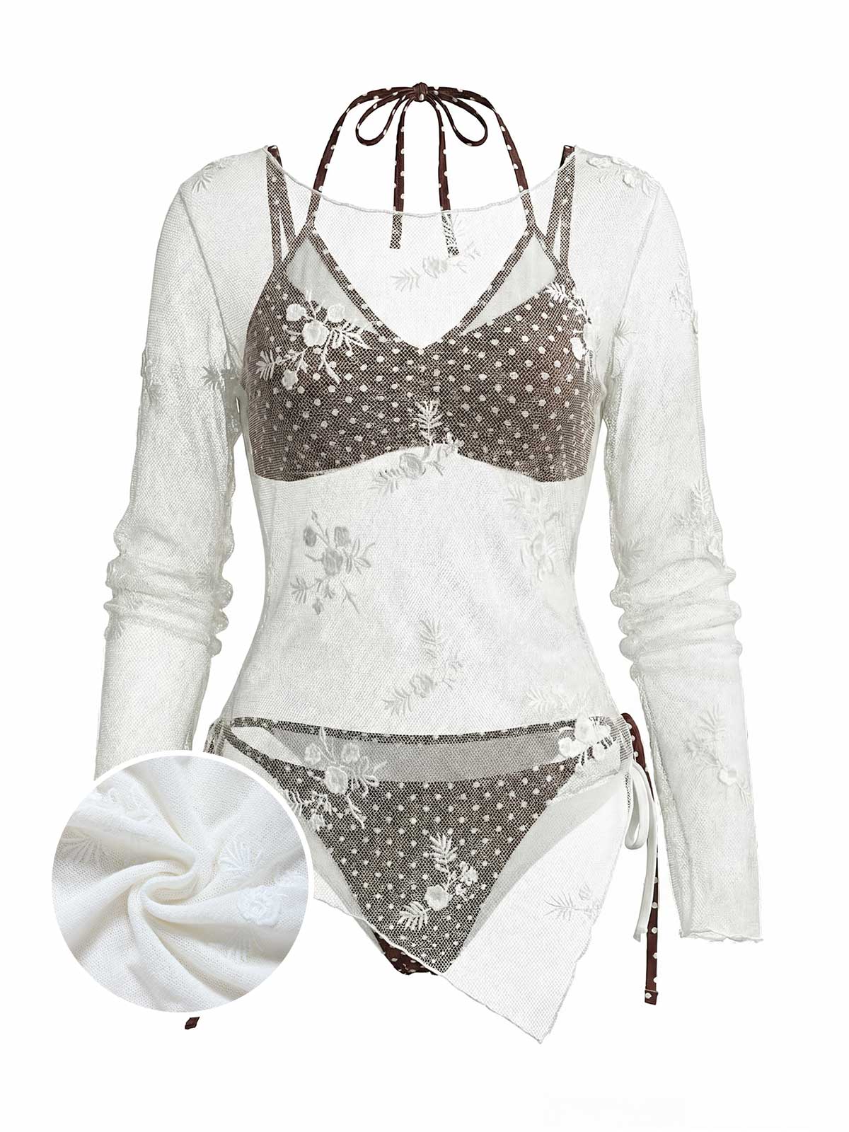 White 1950s 3D Floral Embroidery Mesh Cover-up