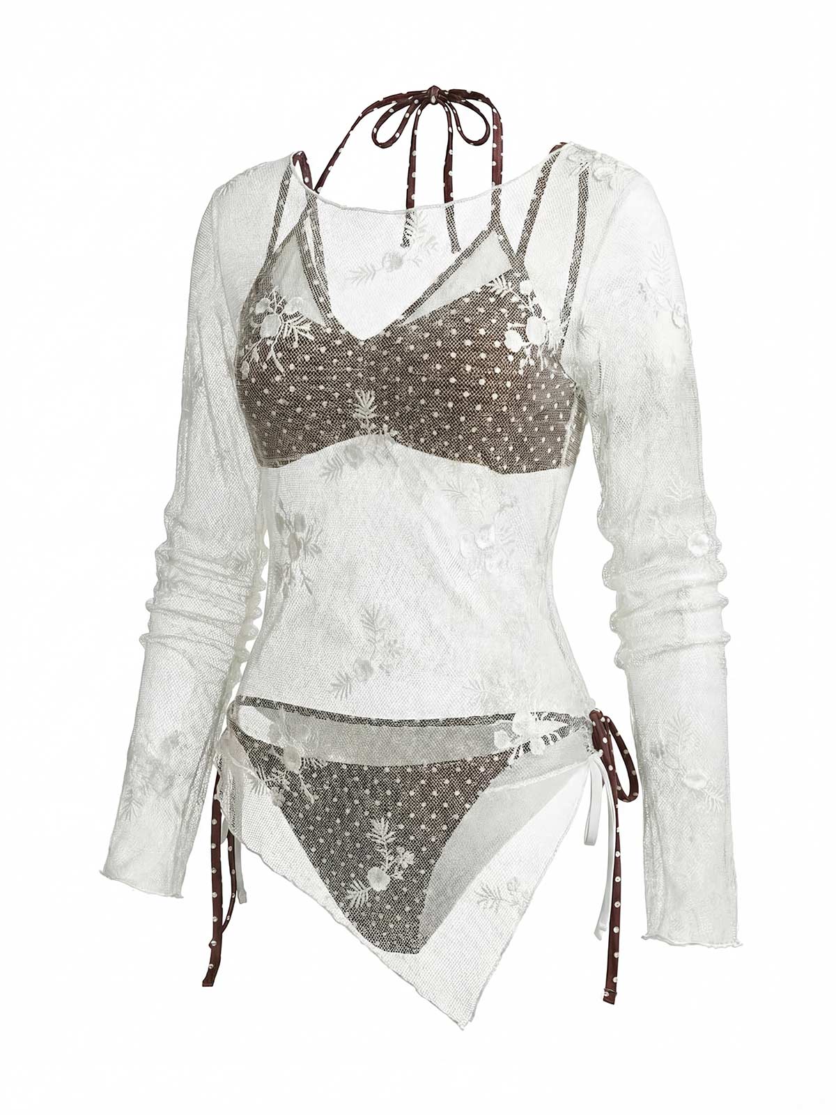 White 1950s 3D Floral Embroidery Mesh Cover-up - Image 3