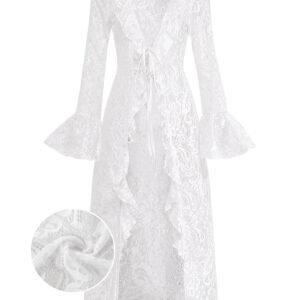 White 1960s Lace Flared Sleeve Ruffle Maxi Cover-Up