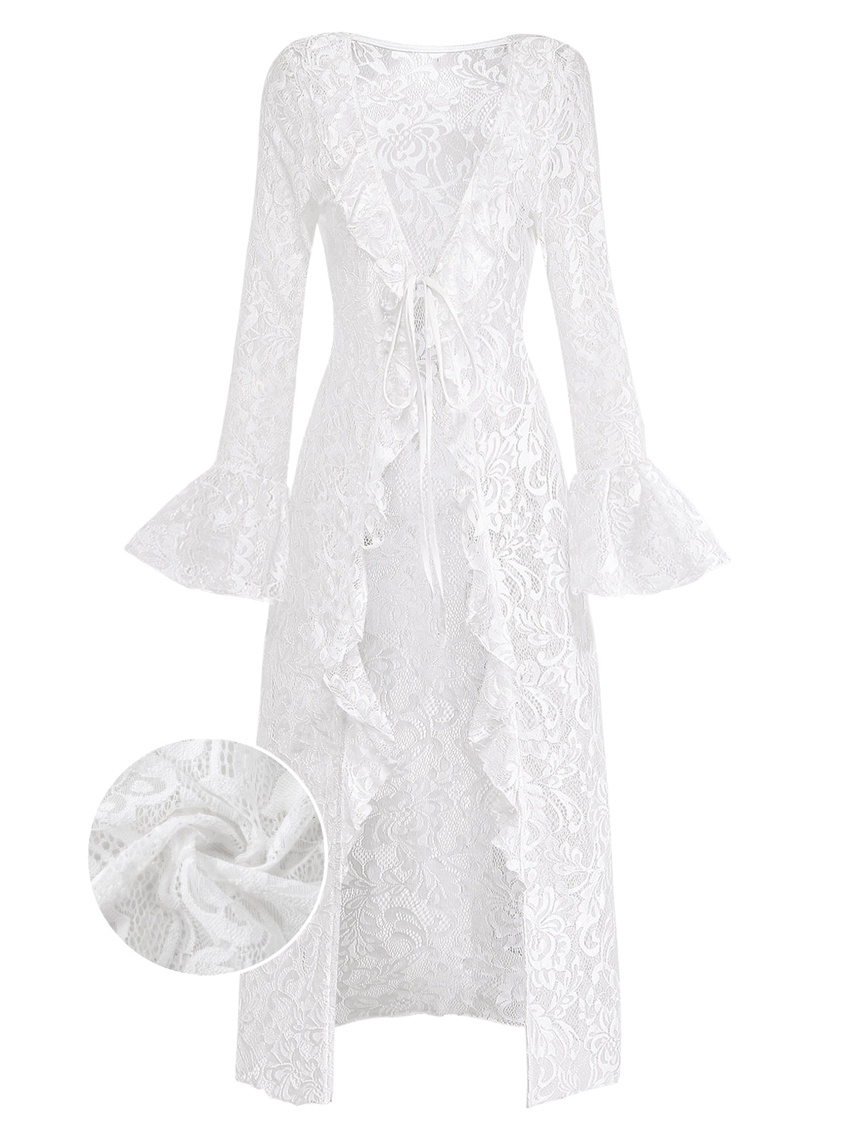 White 1960s Lace Flared Sleeve Ruffle Maxi Cover-Up