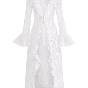 Alternative view of White 1960s Lace Flared Sleeve Ruffle Maxi Cover-Up