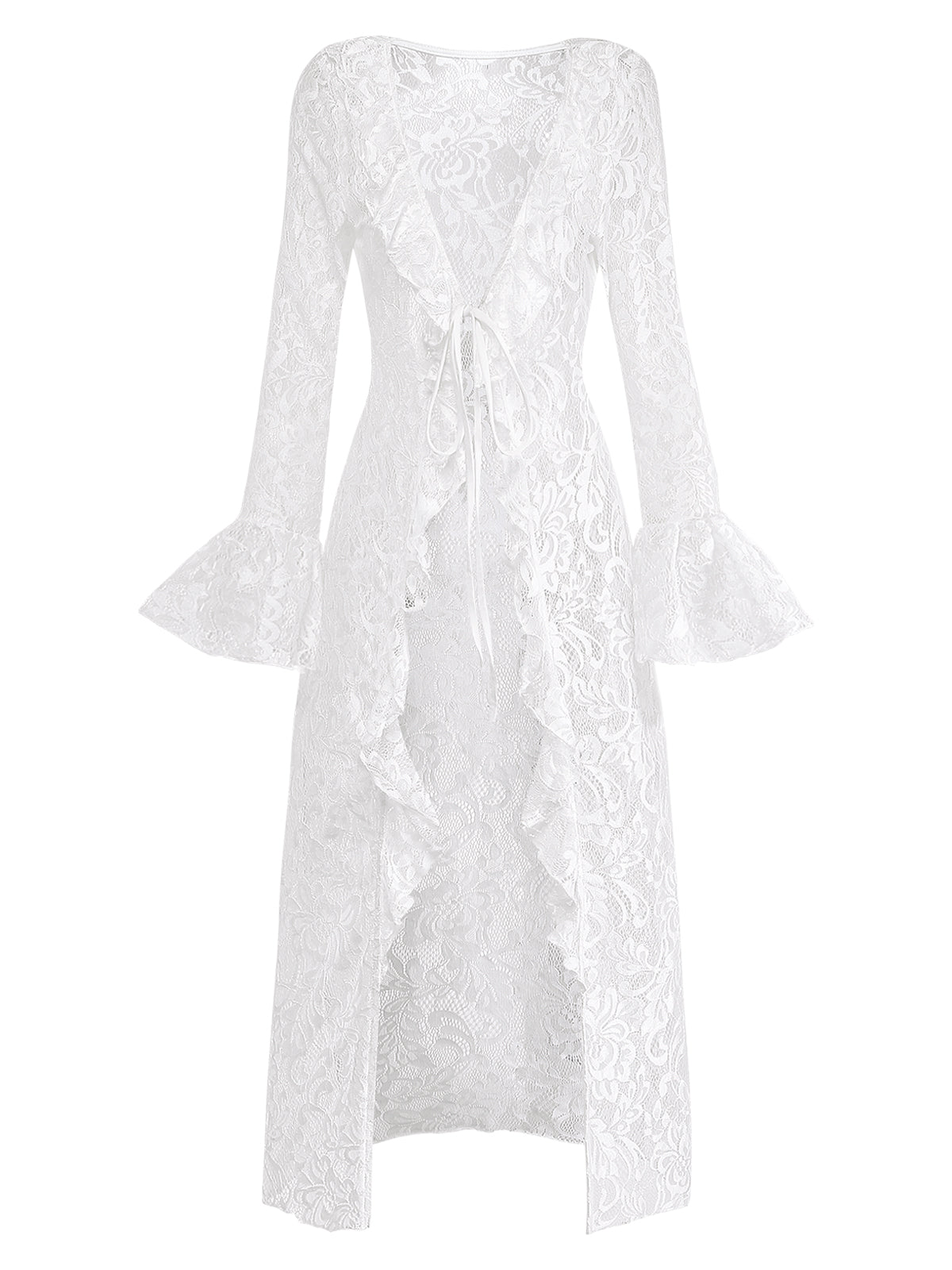 White 1960s Lace Flared Sleeve Ruffle Maxi Cover-Up - Image 2