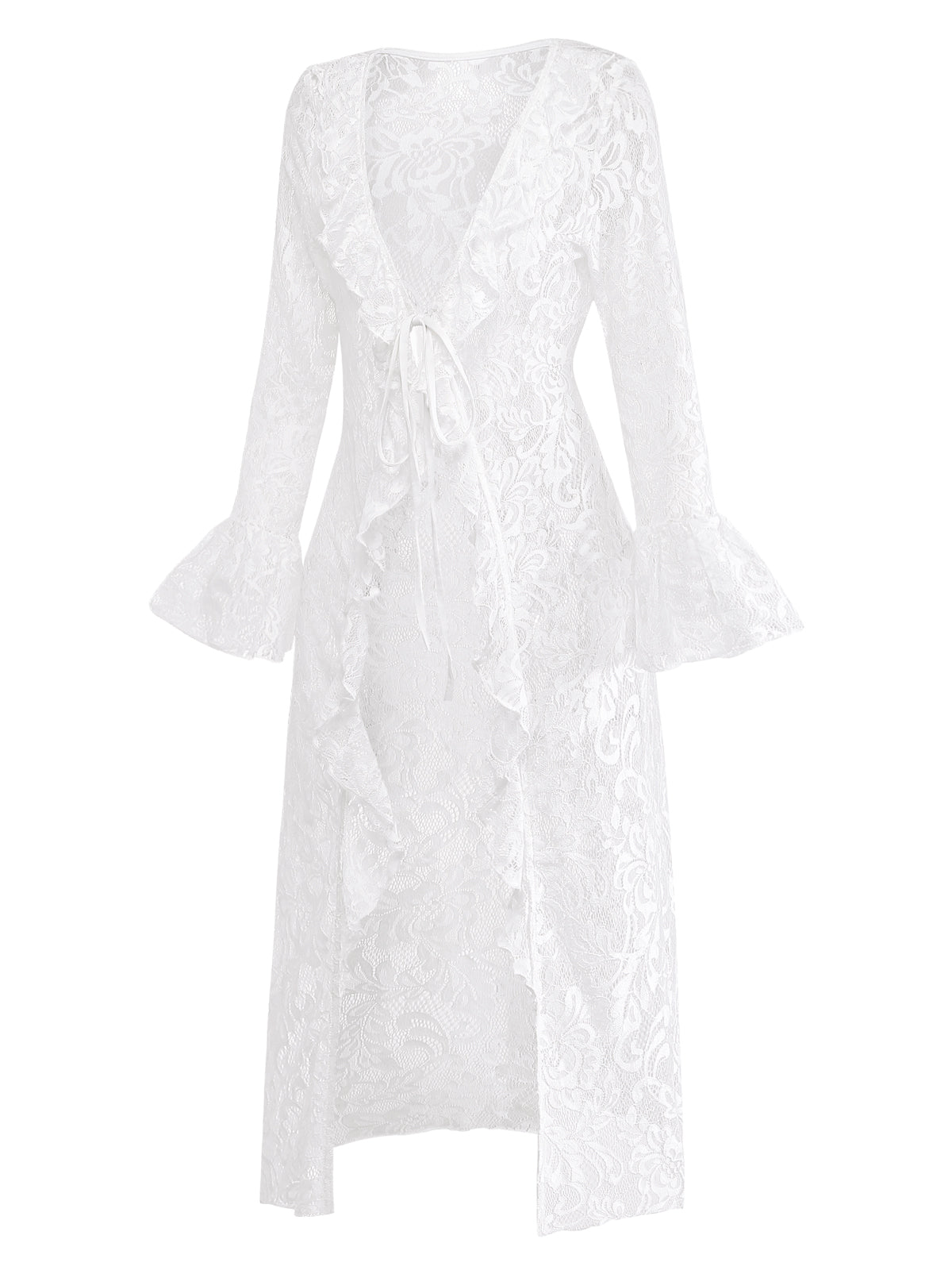 White 1960s Lace Flared Sleeve Ruffle Maxi Cover-Up - Image 3