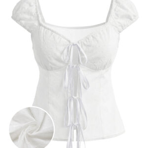 White 1970s Pure Cotton Polka Dot Bow Tie Blouse
