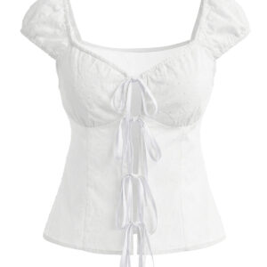 Alternative view of White 1970s Pure Cotton Polka Dot Bow Tie Blouse