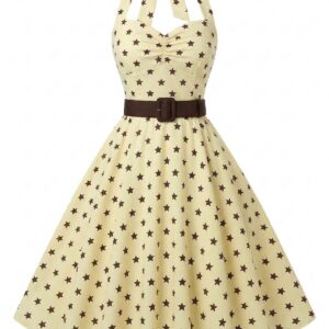 Yellow 1950s Star Halter Belted Swing Dress