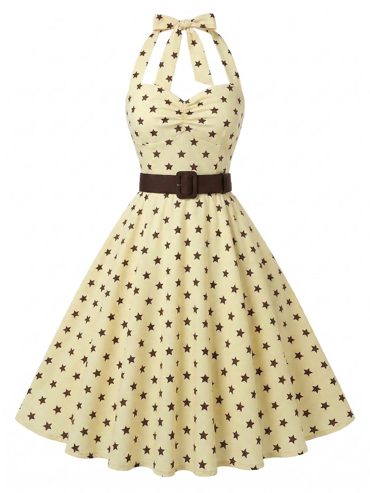 Yellow 1950s Star Halter Belted Swing Dress